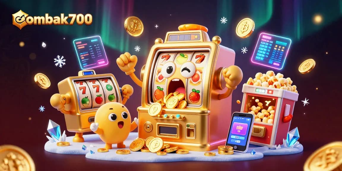 Ombak700 merayakan jackpot dengan mesin slot berwarna emas dan kerumunan mesin kecil yang bersorak.