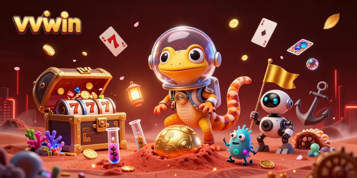 Engage in thrilling play at vvvwin's vibrant casino adventure illustration showcasing a Martian gecko and treasures.