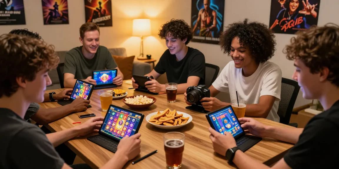 Friends playing QQHOLIC Slot Gacor on devices in vibrant gaming atmosphere