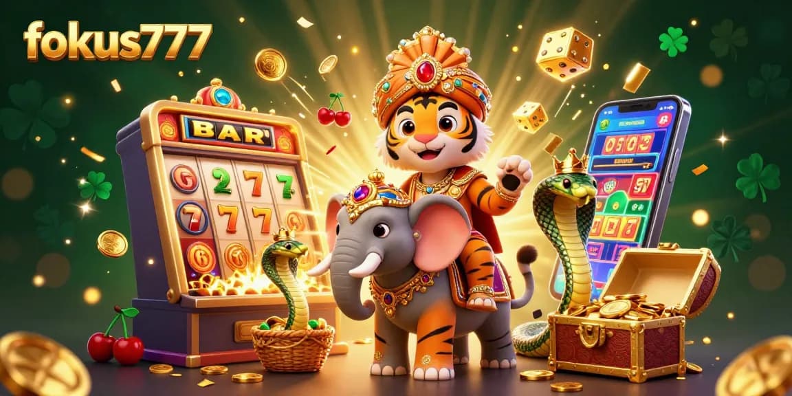 Join the excitement of fokus777, featuring a vibrant casino scene with dynamic characters, slot machines, and symbols.