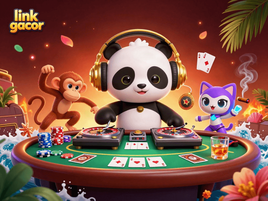 Experience link gacor with vibrant casino scene featuring cartoon characters and game elements