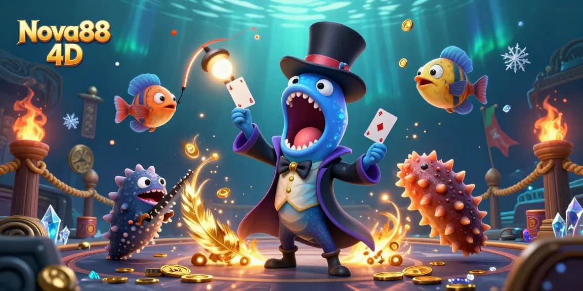 Engage with Nova88 4D's exciting lottery gameplay featuring whimsical underwater characters in a vibrant magical act.