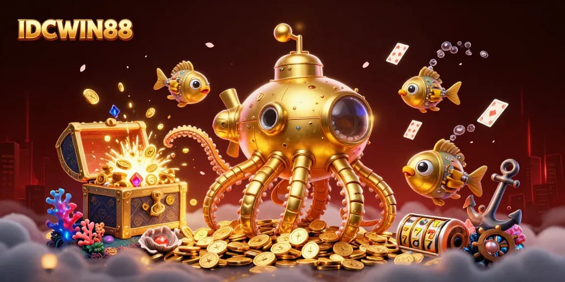 Engage in thrilling gameplay with IDCWIN88's golden kraken submarine amidst slot reels and treasure.