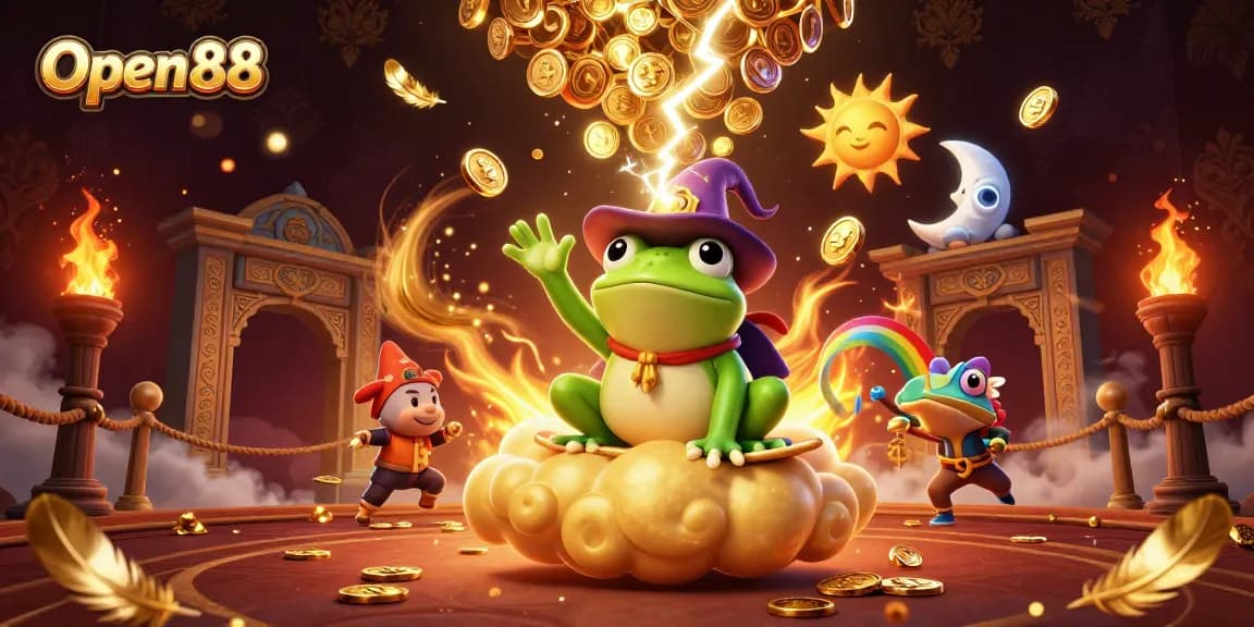 Experience Open 88's thrilling jackpot adventure with a wizard frog and surfing chameleon amid a gold-rich scene.