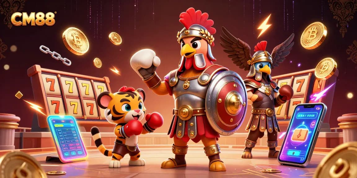 Engage in thrilling games at CM88 with a gladiator rooster and crypto elements in a vibrant digital arena.