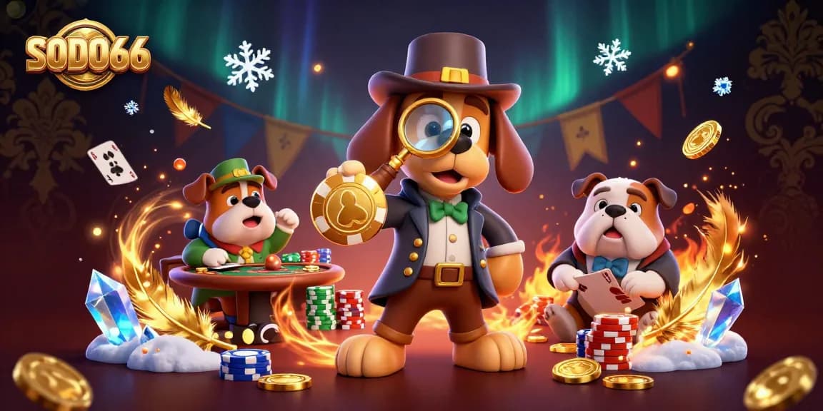 SODO66 engages players with a 3D detective exploring poker clues amid a vibrant casino environment.