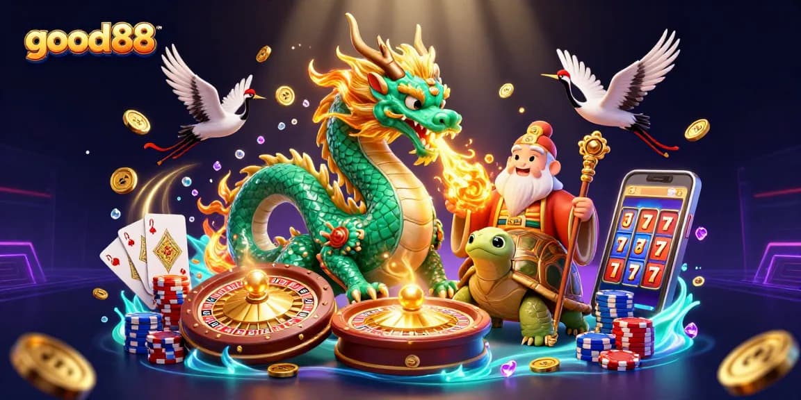 Experience the thrilling action at good88, featuring a dragon and turtle sage amidst cascading coins and vibrant gaming elements.