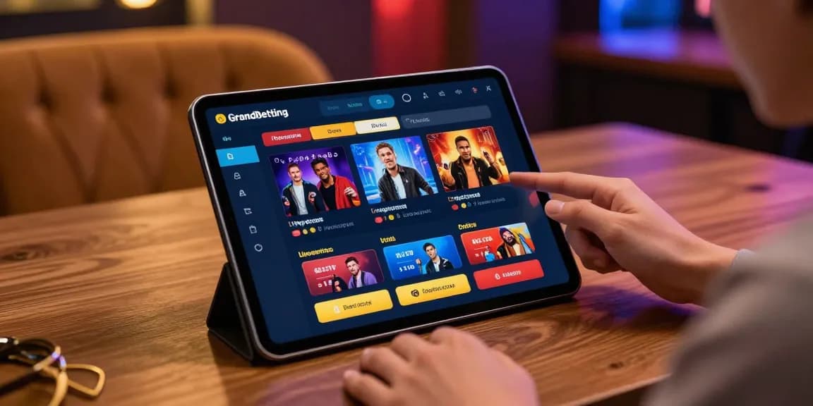 Engaging user analyzing Grandbetting odds on a tablet in a dynamic online betting environment.