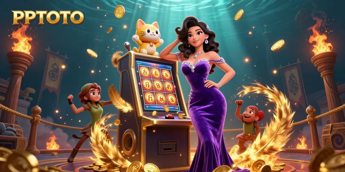 Kegembiraan menang PPTOTO diwakili dengan karakter glamor di samping mesin slot jackpot.