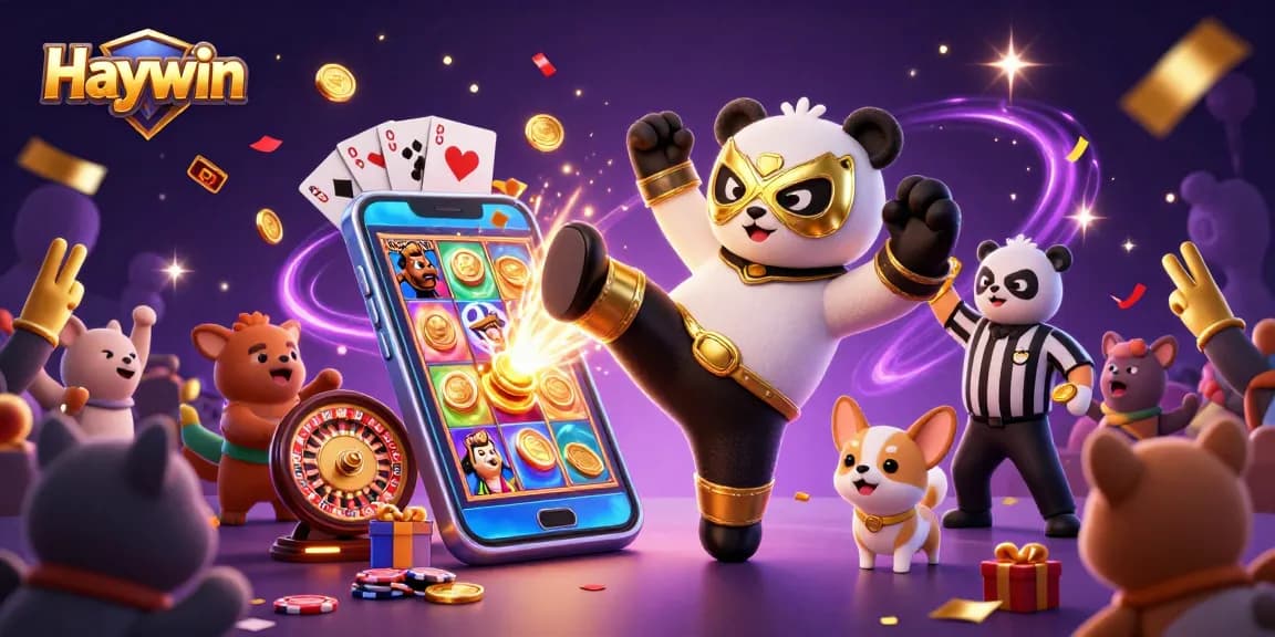 Engage in epic wins with Haywin, a vibrant scene of a panda wrestler and cheering animals celebrating a slot game.