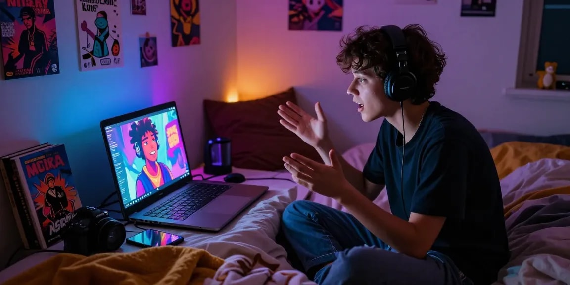Engaging NSFW chat in a cozy bedroom with digital character art on screen.