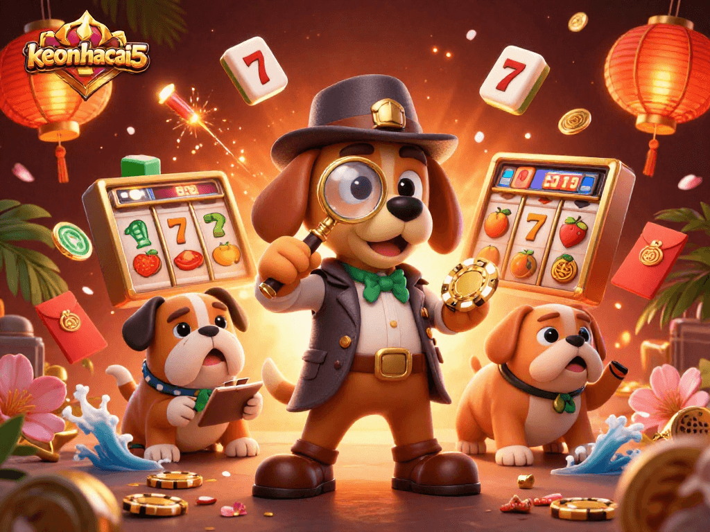 Join the keonhacai5 excitement with a detective scene featuring poker chip clues and slot symbols.