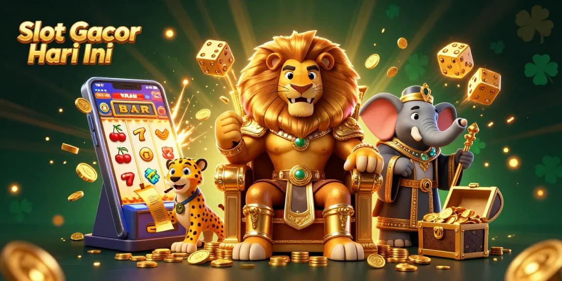 Experience the excitement of Slot Gacor Hari Ini with a fierce lion king surrounded by winning symbols and dynamic casino elements.