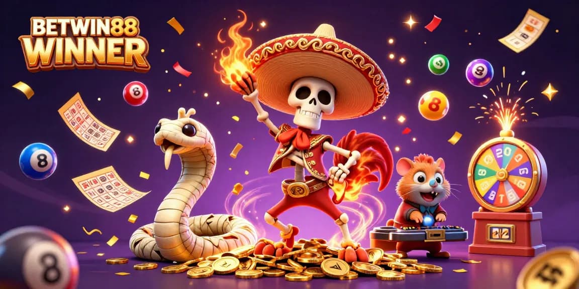 Experience the thrilling world of BETWIN88 WINNER with a dynamic celebration of gaming excitement featuring colorful elements and characters.