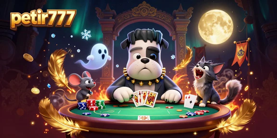 Engage with petir777 as the Frankenstein bulldog deals cards in this captivating casino scene.
