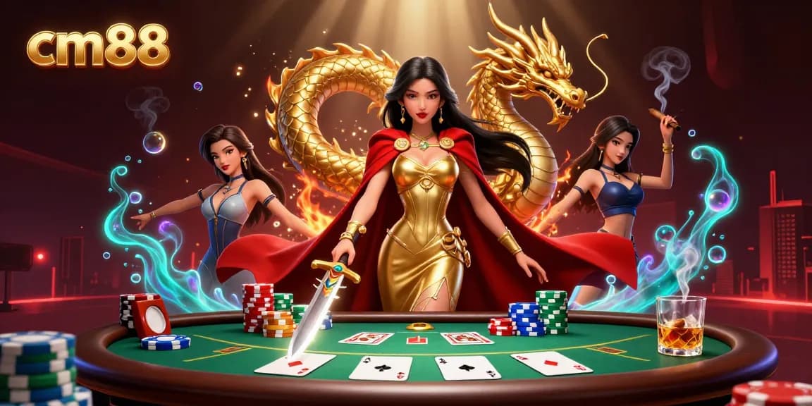 Explore cm88's thrilling gaming world with a majestic warrior and stunning casino elements.