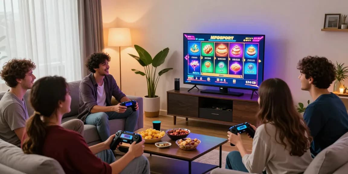 Friends enjoying MPOSPORT slot games in a lively home entertainment setting filled with vibrant colors and snacks.