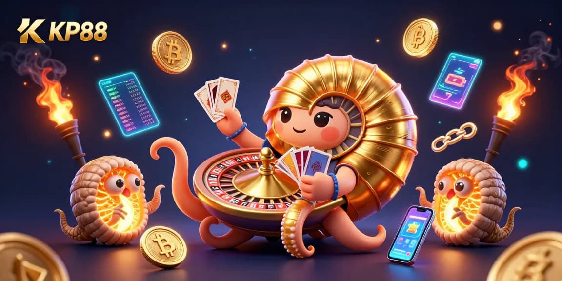 Experience the thrilling gaming adventure with KP88's vibrant casino world, highlighting crypto elements.