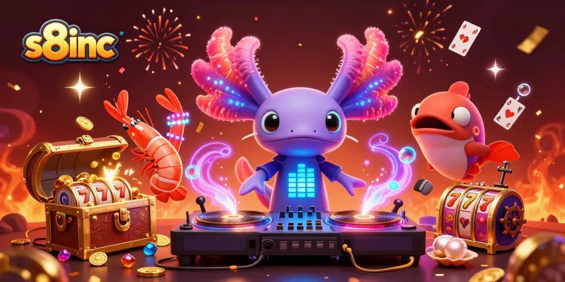 s8inc showcases a vibrant underwater casino scene with a neon axolotl DJ and lively sea creatures