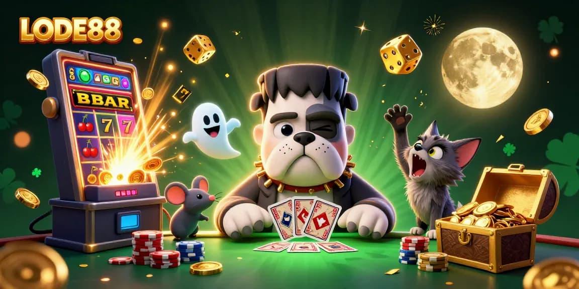 Play thrilling games at LODE88 with a bustling casino illustration featuring vibrant characters and rich details.