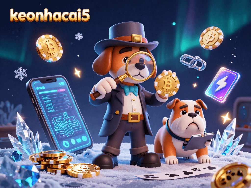 Engage with keonhacai5 through a vibrant scene of a detective and bulldog exploring cryptocurrency clues in a casino.