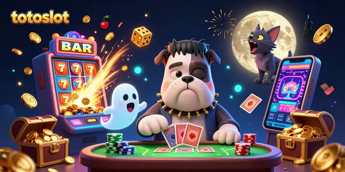 Totoslot: Engage in thrilling gameplay with a Frankenstein bulldog, ghost mouse, and werewolf kitten at a vibrant slot table.