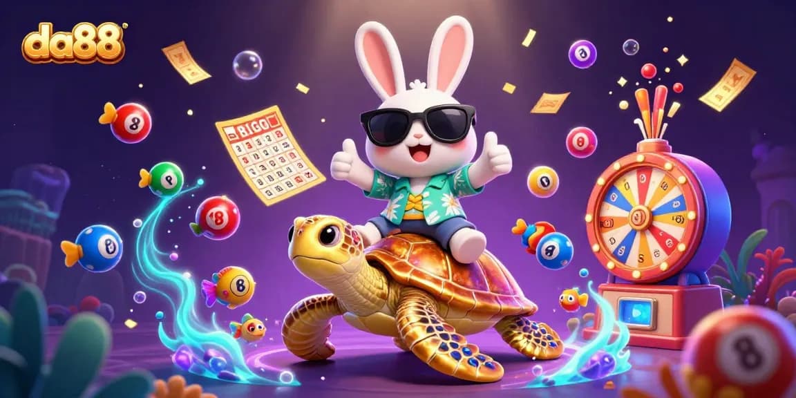 Engage with da88's exciting gaming world featuring a rabbit and turtle in a vibrant casino scene.