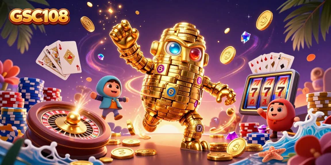 Spin and win with GSC108, showcasing a fantastical 3D golden golem amidst cascading gems and coins.