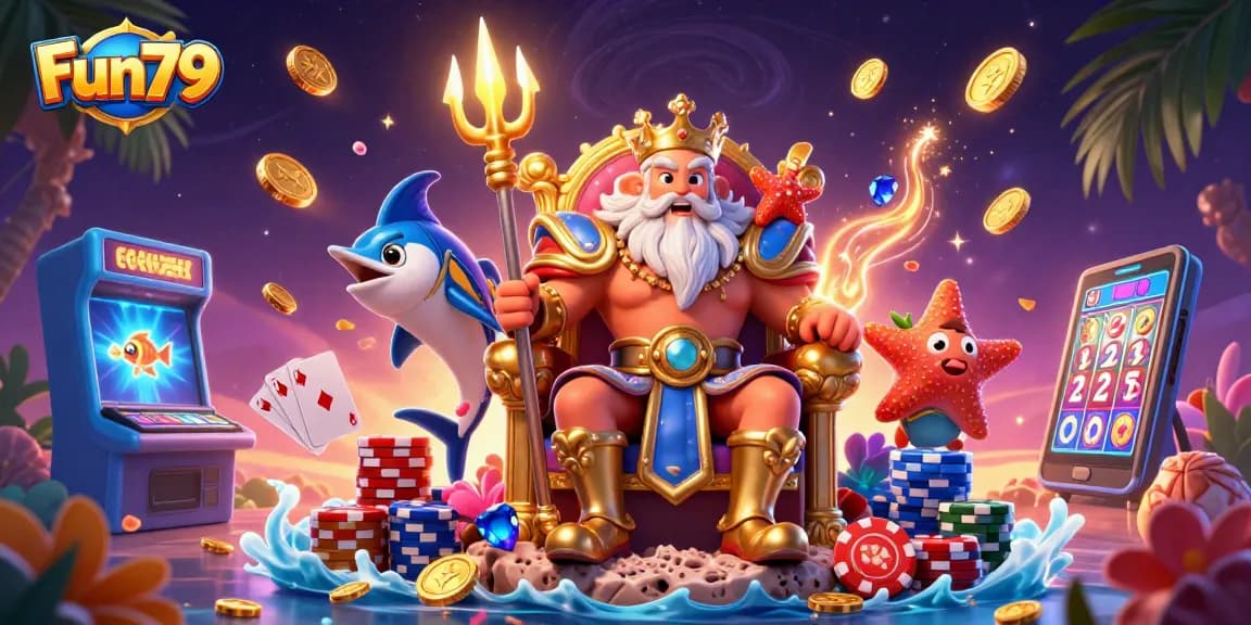 Experience the excitement of Fun79 with our vibrant illustration featuring Neptune and dynamic gaming elements.