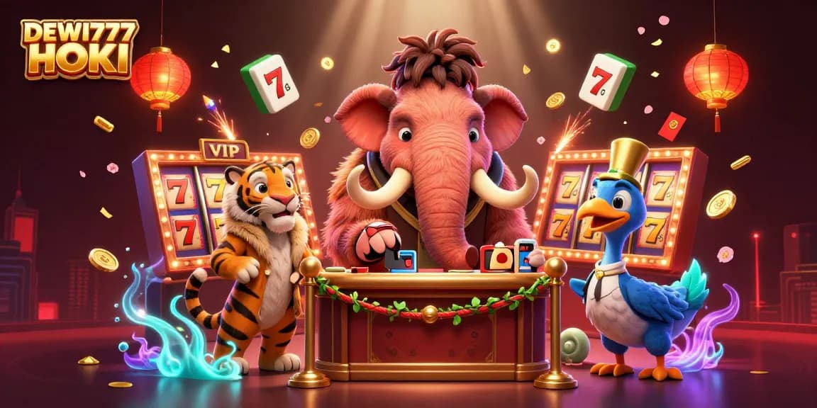 Experience the excitement of DEWI777 HOKI with vibrant slots and unique characters in this dynamic casino illustration.