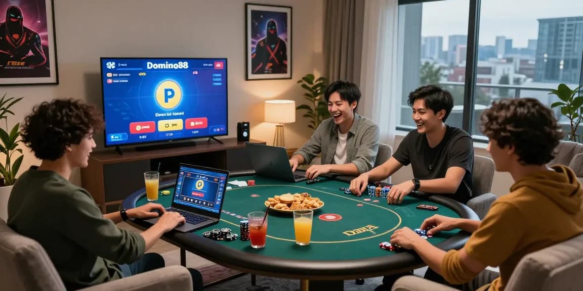 Engaging friends playing Login Domino88 online poker in a lively living room setting, showcasing gaming excitement and camaraderie.