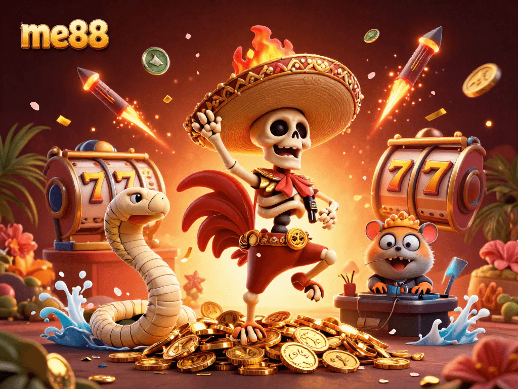 Experience excitement at me88 with a lively casino scene featuring vibrant characters and dynamic gaming elements.
