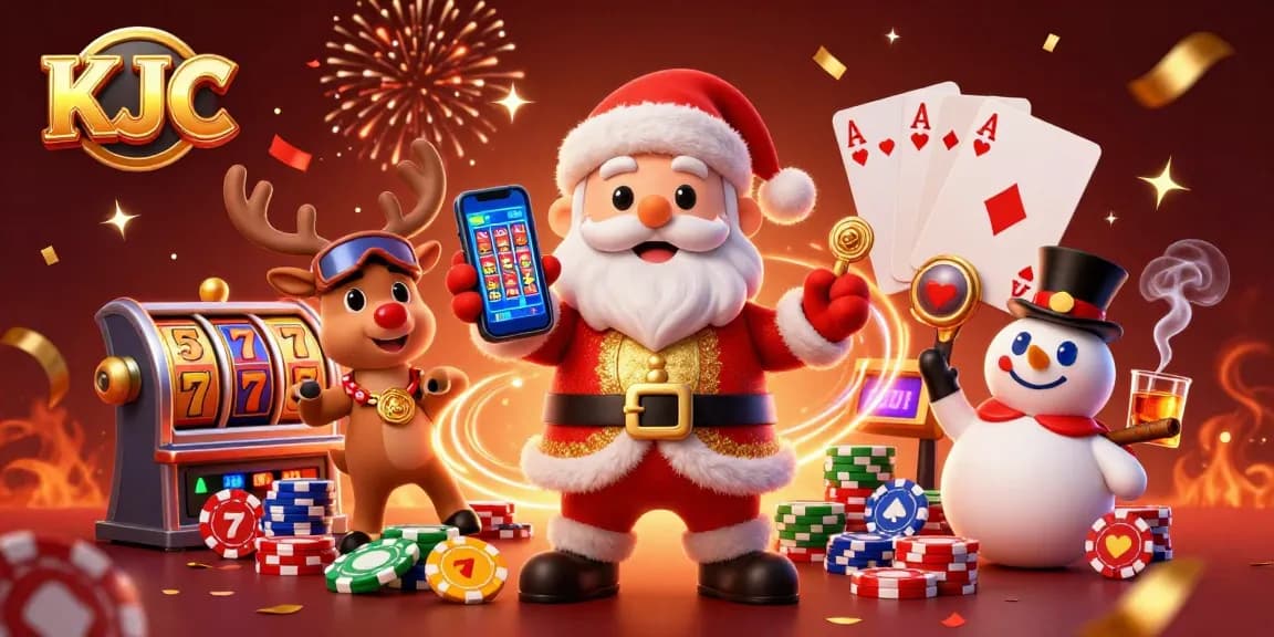 KJC offers an exciting jackpot experience with Santa and friends celebrating winning moments in a vibrant casino.