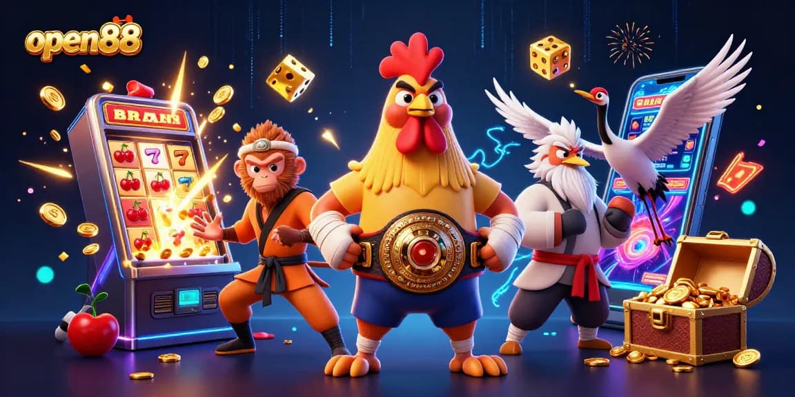 Experience thrilling jackpots with open88's vibrant slot machine amidst dynamic characters and casino elements.