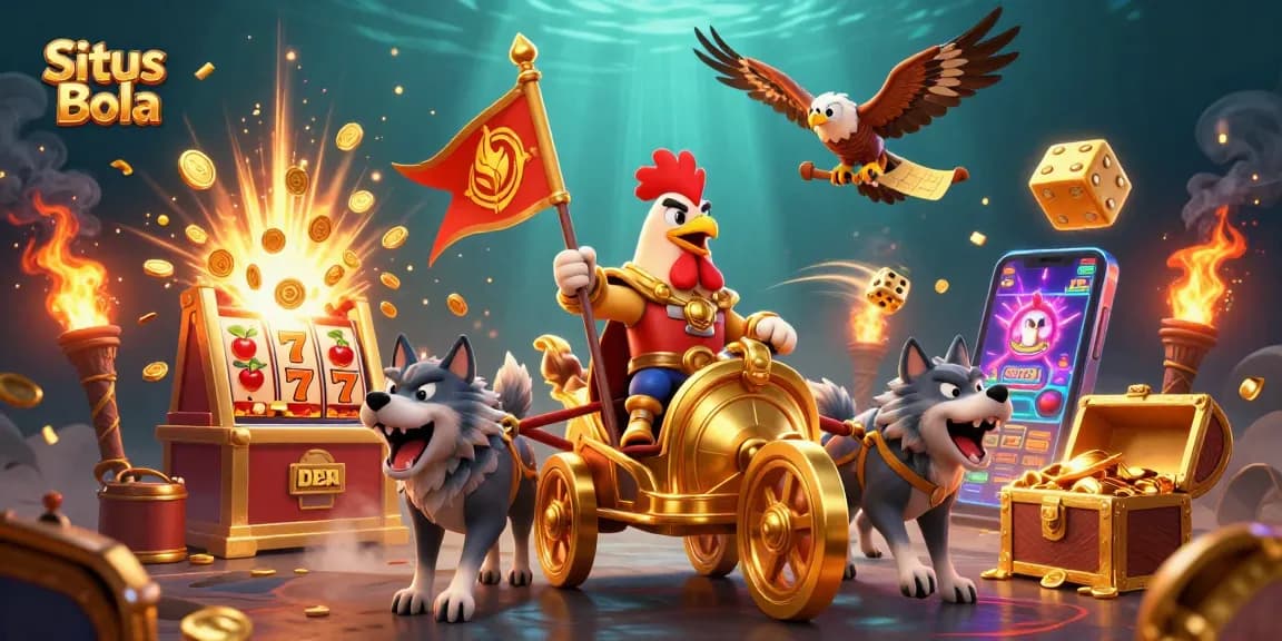 Situs Bola betting scene with a cartoon warlord and casino elements celebrating a jackpot