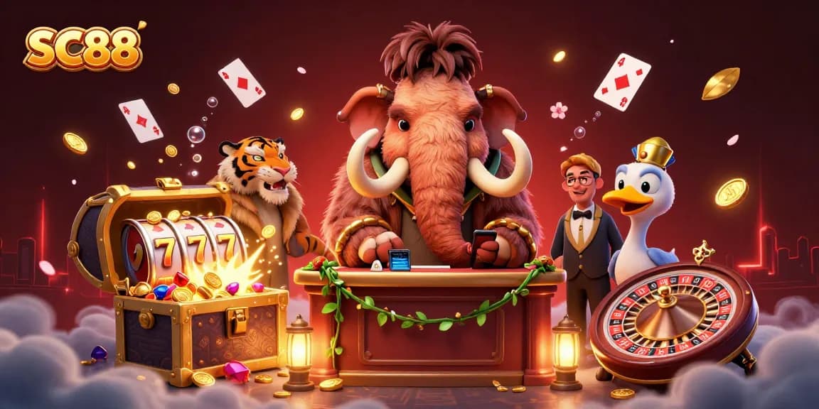 Experience SC88 online betting with a vibrant illustration featuring a mammoth bouncer and engaging casino elements.