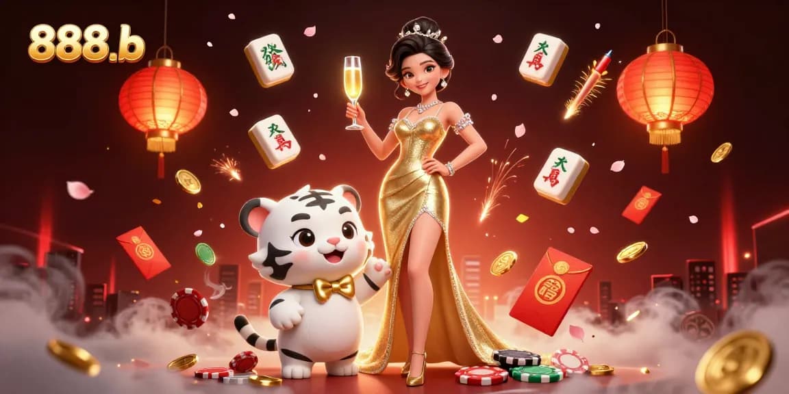 Engage in thrilling gameplay at 888b, showcasing a glamorous woman and a lucky tiger cub amidst vibrant casino elements.