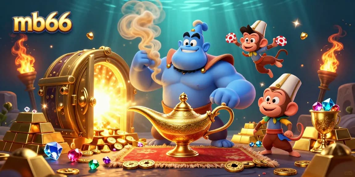 Experience the thrill of mb66 as a blue genie and monkey bring classic casino elements to life.