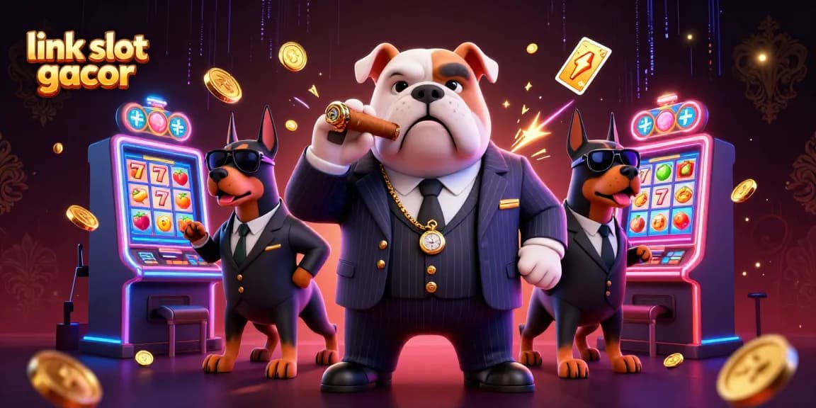 Experience excitement with link slot gacor featuring a mafia boss and Doberman bodyguards amidst vibrant slot machines.