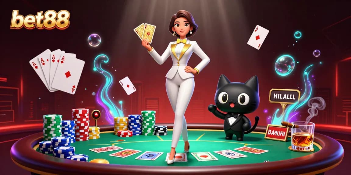Experience the excitement of bet88 with glamorous characters and dynamic poker action in a vibrant casino setting.