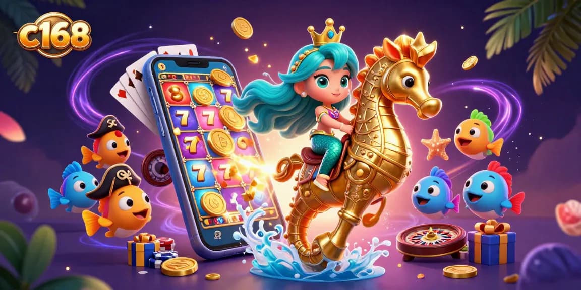 Experience gaming excitement with c168 in a vibrant 3D mermaid-themed illustration featuring slot games and casino elements.