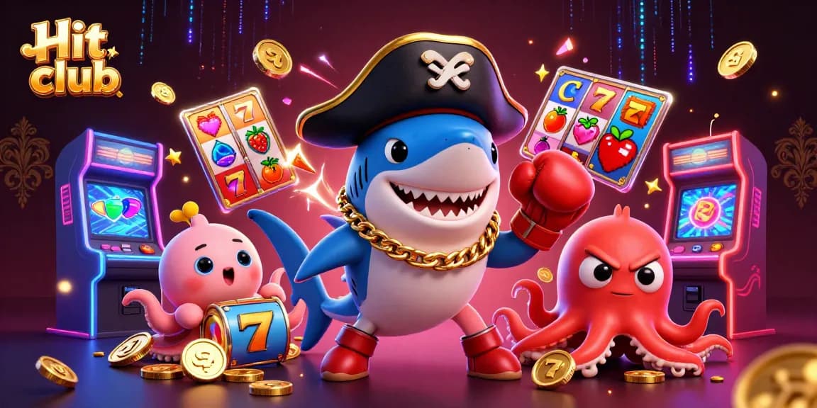 Hit club showcases exciting slot reels and vibrant gaming characters in a fun-filled casino scene.