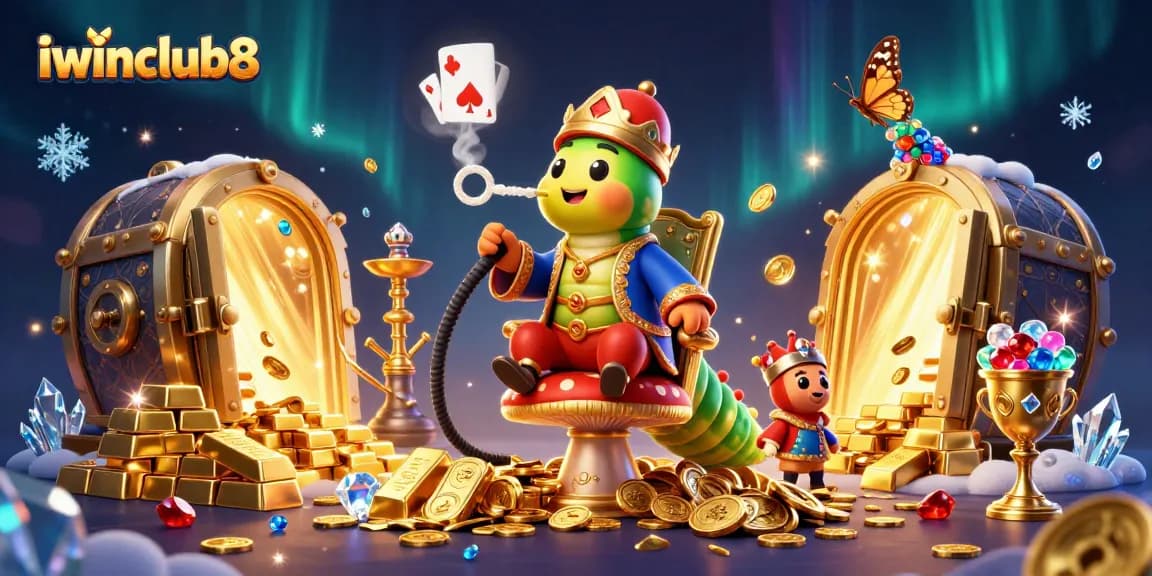 Experience thrilling gameplay with iwinclub8's vibrant casino illustration featuring poker symbols.