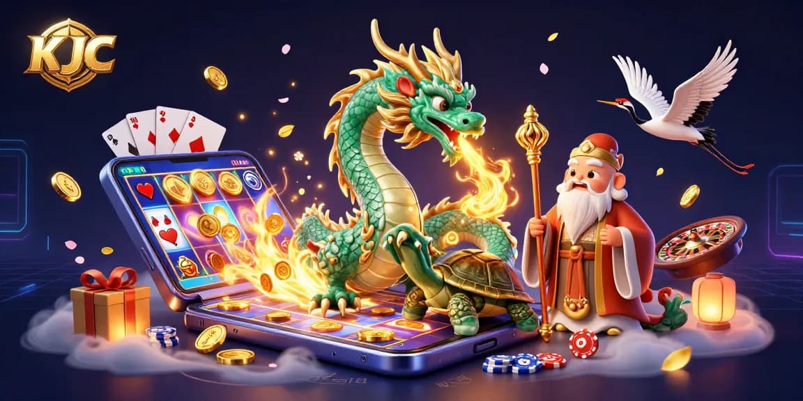 KJC showcases an emerald dragon and a turtle sage in a vibrant, cartoonish casino scene full of games and excitement.