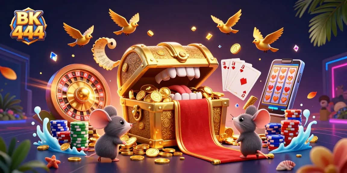 Win big at BK 444 with an enticing treasure chest luring gamblers into a vibrant casino world.