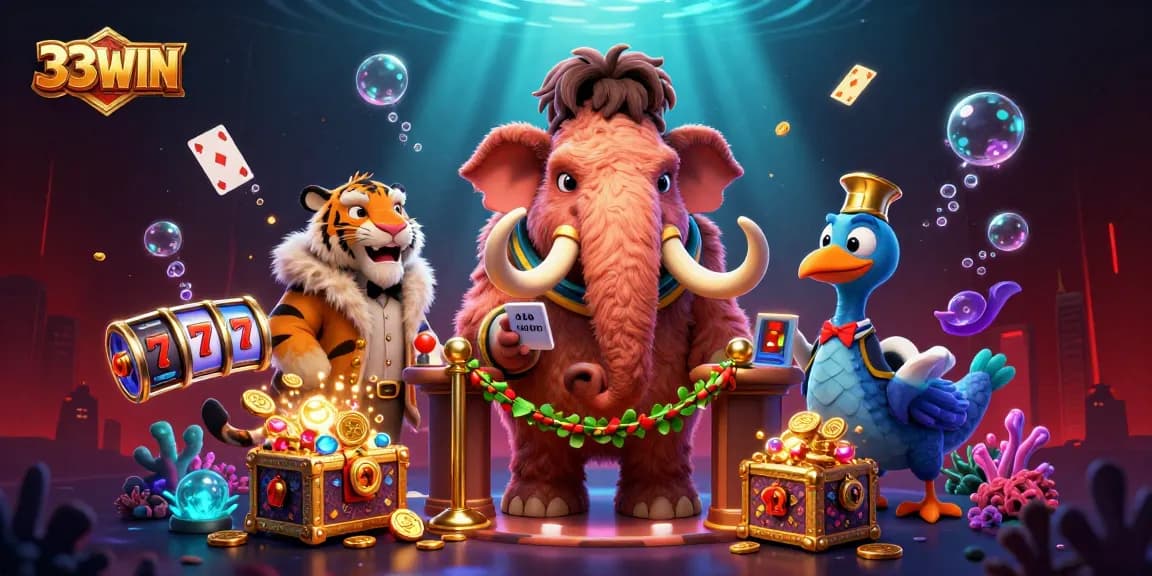 33WIN vibrant casino illustration showcasing a mammoth bouncer, lucky 7s, and gold coins