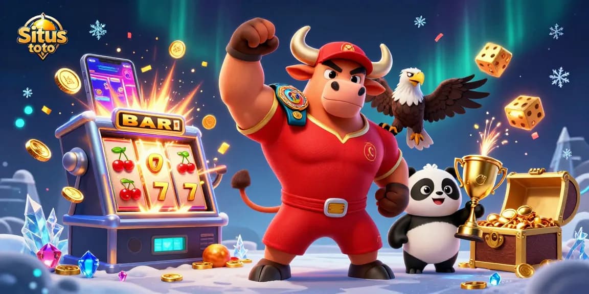 Situs toto showcases an epic scene with a victorious bull mascot, an eagle, and a panda amidst vibrant casino elements.