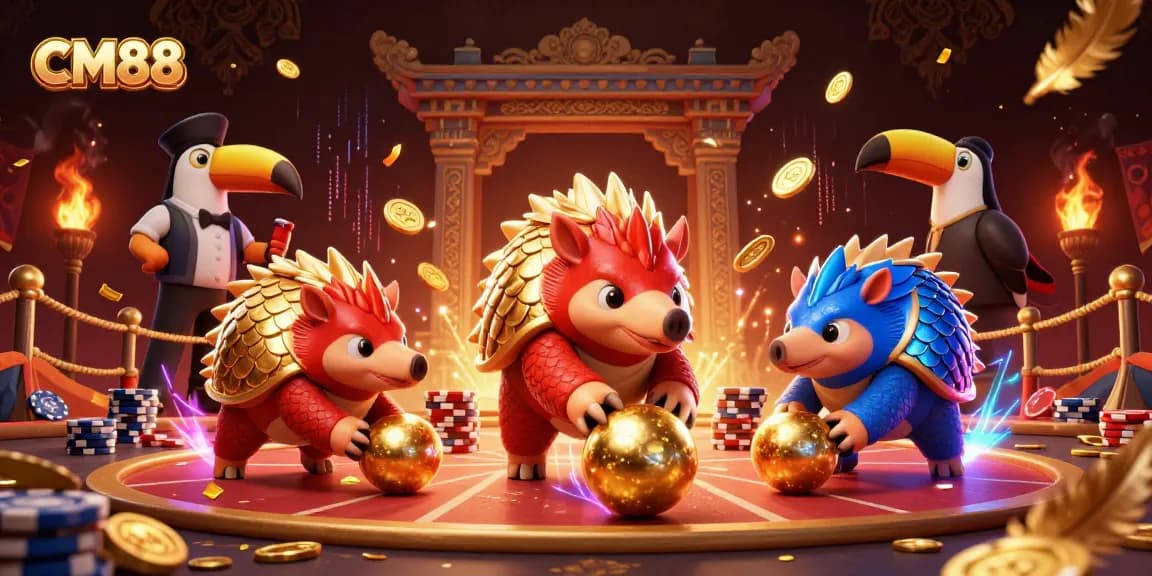 CM88 pangolins roll through poker chips in an exciting casino showdown illustration.
