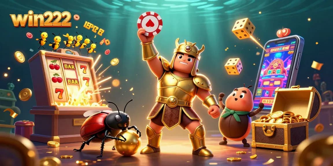 win222 celebrates a jackpot with colorful casino elements and lively characters in a dynamic casino scene