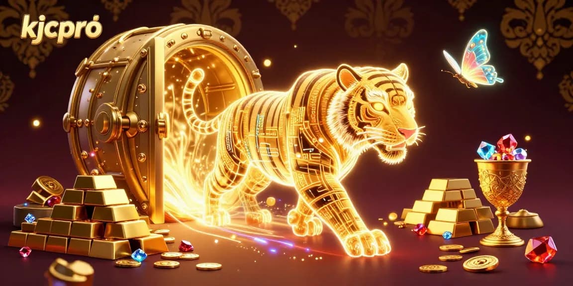 Engage in exciting online gaming with kjcpro's vivid 3D casino experience featuring a glowing golden tiger and treasures.